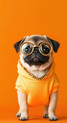 Fototapeta premium HipHop Puppy concept. Pug puppy wearing oversized glasses, a neon hoodie, and a chunky gold chain, standing tall on two legs with a funky orange gradient background