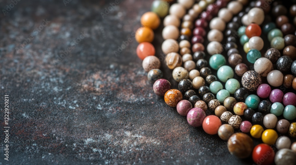 Poster stone beads jewelry craft close up background with empty space for custom text and design elements