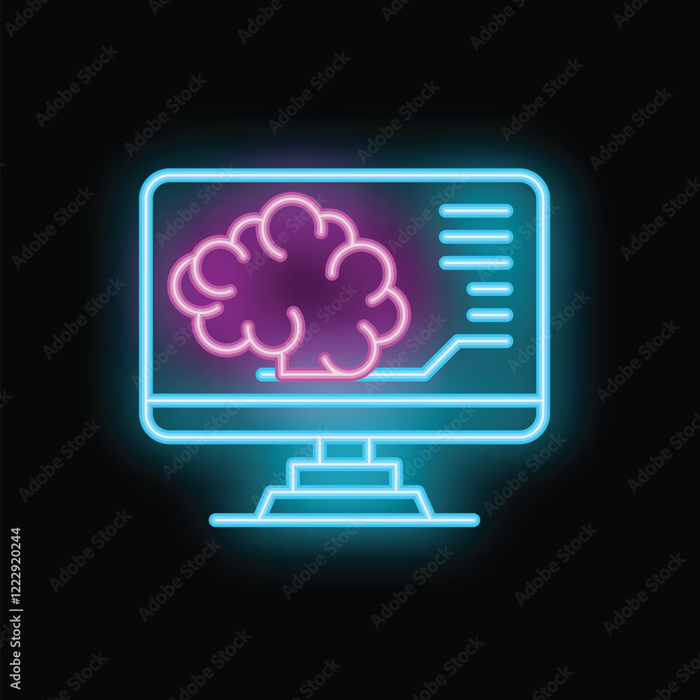 Poster neon sign showing a desktop computer with a human brain displayed on the screen and data points, rep