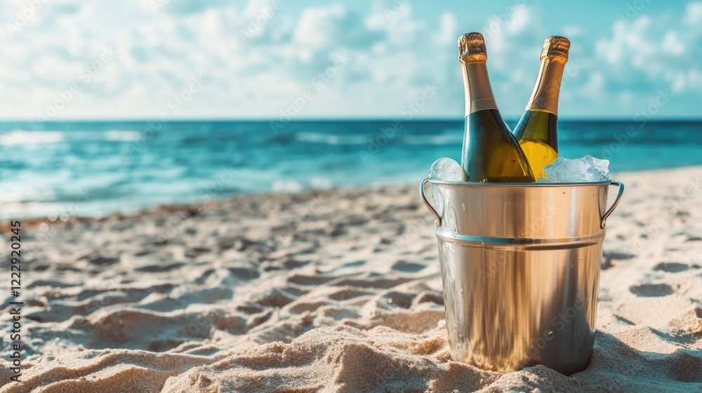 Aufkleber ice bucket with premium wine bottles on sandy beach with ocean view and empty space for text in brig