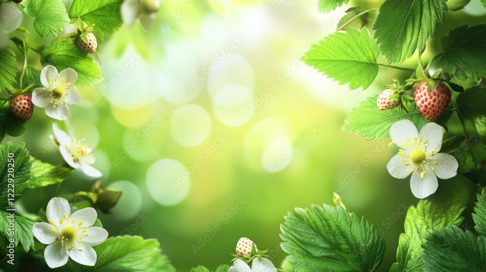 Poster close up of vibrant strawberry flowers and lush green leaves in a bright garden with soft bokeh back
