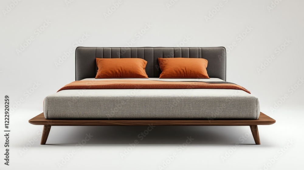 Poster contemporary double bed with orange cushions stylishly arranged on a minimalist background featuring