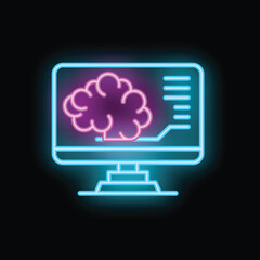 Neon sign showing a desktop computer with a human brain displayed on the screen and data points, representing artificial intelligence