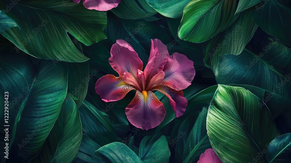 Poster fuchsia iris flower blooming amidst vibrant green foliage with ample space for text overlay or creat