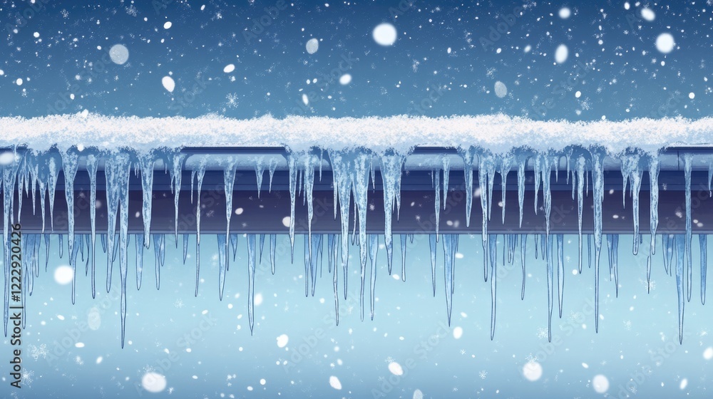 Poster Icicles Dripping from Roof During Winter Snowstorm With Soft Snow Falling and Empty Space for Text or Message