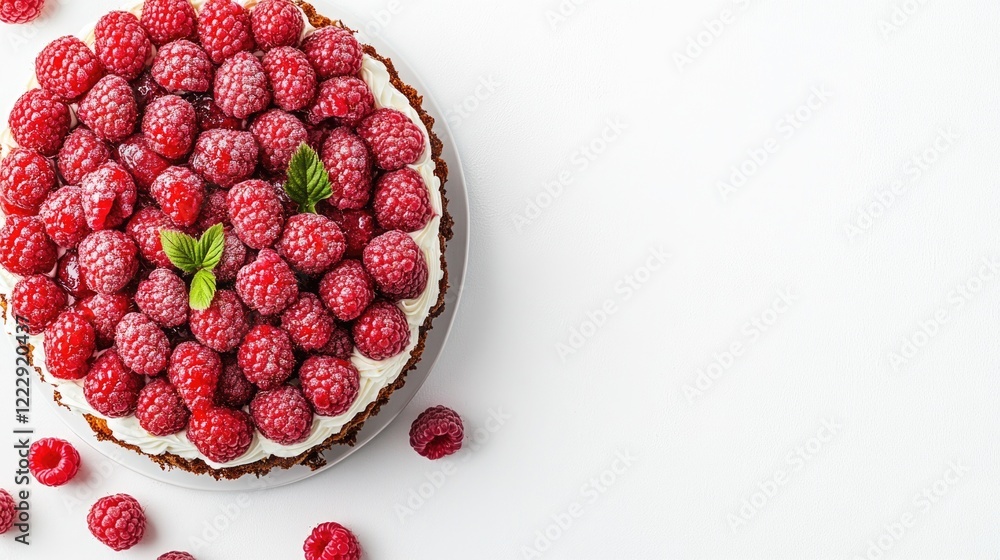Aufkleber raspberry topped cake with fresh berries on white background and empty space for text ideal for dess