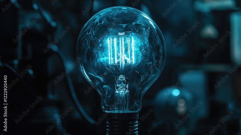 Aufkleber glowing blue glass bulb illumination with empty space for text in a dark setting showcasing vintage 