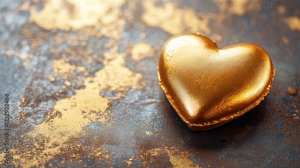 Poster Golden heart-shaped dessert on a textured surface with empty space for elegant text and design elements for promotional use