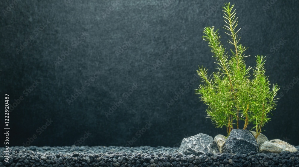 Poster myriophyllum aquaticum plant isolated on dark background with rocks and empty space for text display