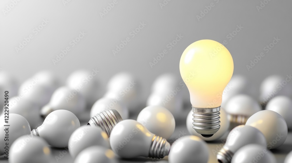 Aufkleber illuminated incandescent light bulb among unlit bulbs on a neutral background with ample copy space 