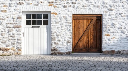 Detached garage featuring white stone wall and vintage wooden swing door with ample copy space for text in a rustic setting.