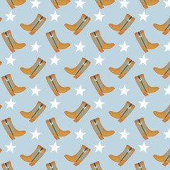 Cowboy boots pattern with light blue background and white stars texture.