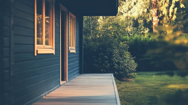 Charming detached house with porch and lush garden featuring ample empty space for personalized text or informational overlays