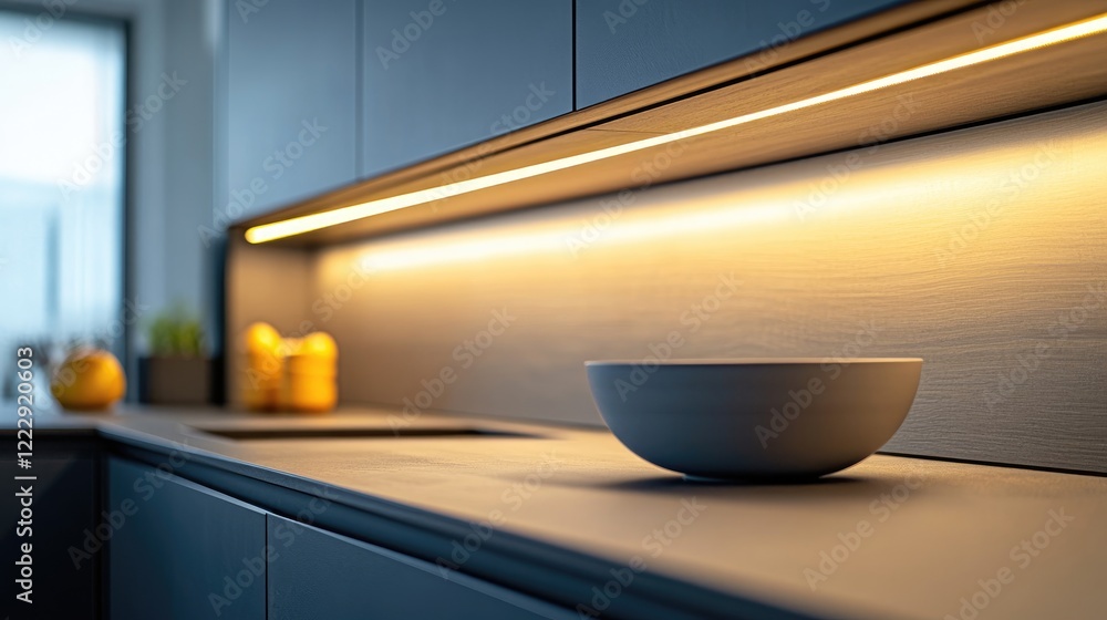 Poster Contemporary kitchen cabinet with built-in lighting showcasing sleek design and empty space for text or branding elements