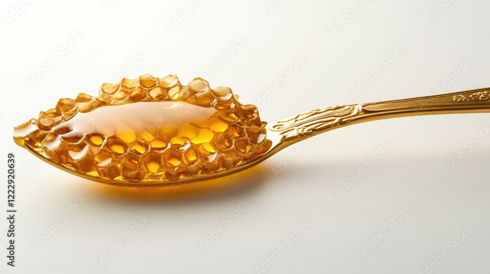 Aufkleber honeycomb and golden honey on a spoon with a white background for text placement in a natural food o