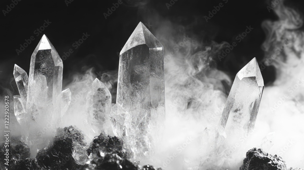 Poster close up of crystal formations emerging from soft smoke in black and white with minimalistic space f