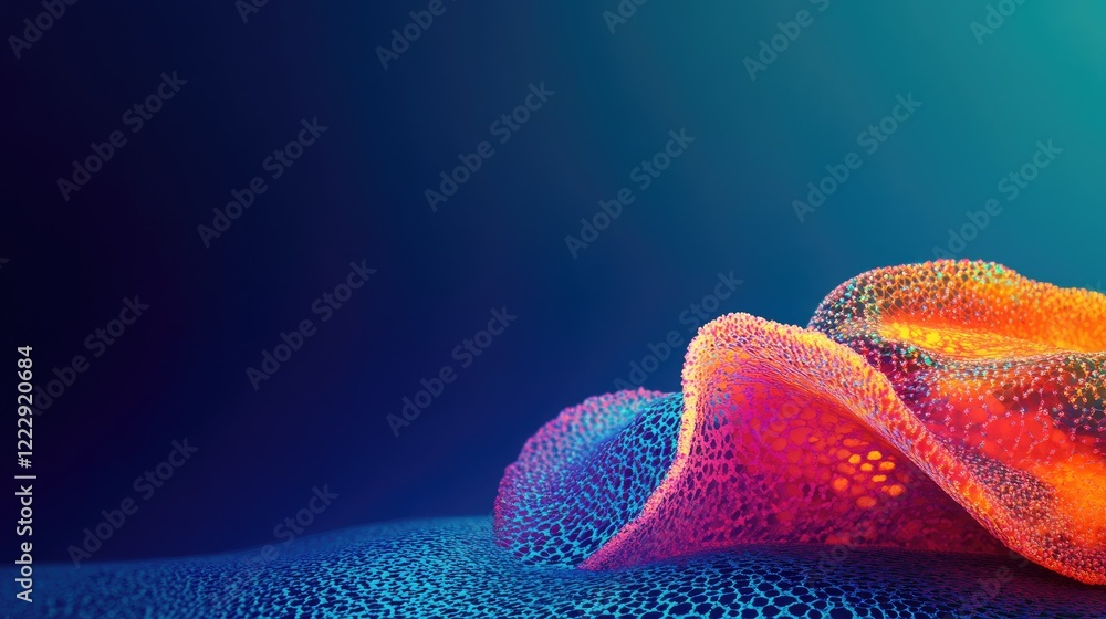 Poster fluorescent microbiome organism close up on vibrant blue background with ample copy space for text a