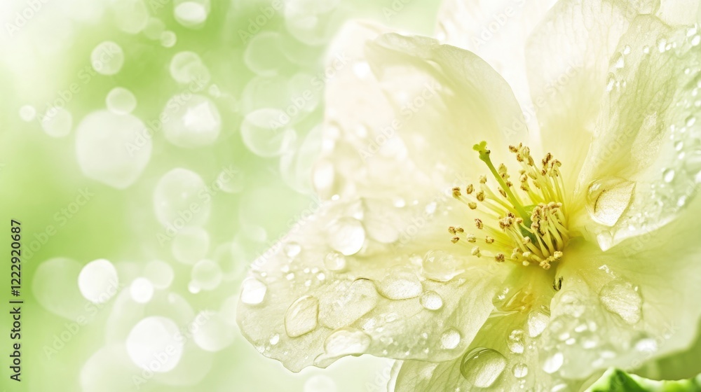 Poster Close Up of Honey Nectar Droplets on a White Flower against Soft Green Bokeh Background with Space for Text or Graphics