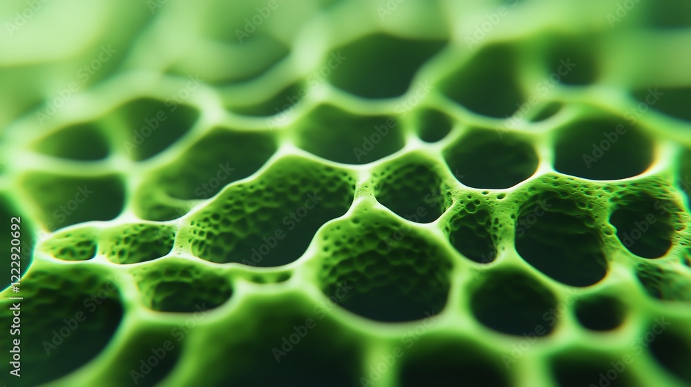 Poster close-up of vibrant green cell structure showcasing intricate patterns and textures.