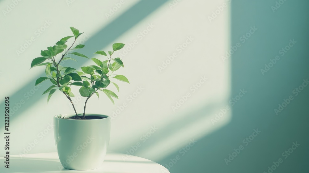 Fototapete minimalist interior design featuring a close-up of a green potted plant on a white table with soft l