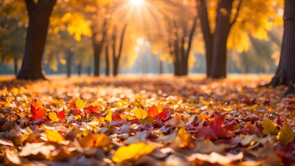 Sunlit autumn landscape with vibrant red and gold fallen leaves covering the ground in a park.