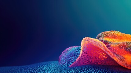 Fluorescent microbiome organism close up on vibrant blue background with ample copy space for text and creative design elements.