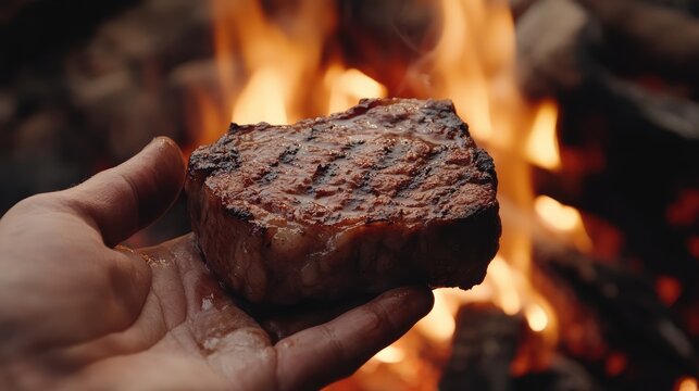 Close up of a hand presenting a perfectly grilled steak over an open fire in the woods with space for text or branding.