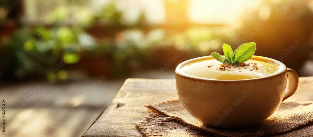 Poster Steaming custard pudding dessert in cozy indoor setting with warm light and ample space for text addition on a rustic wooden table
