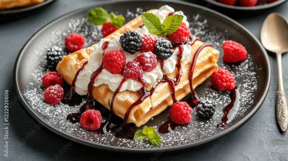 Poster decadent dessert plate featuring rolled waffles topped with whipped cream and fresh berries on a dar