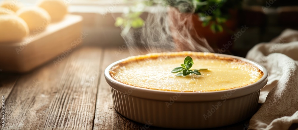 Poster steaming custard pudding dessert on rustic wooden table in cozy indoor setting with ample empty spac