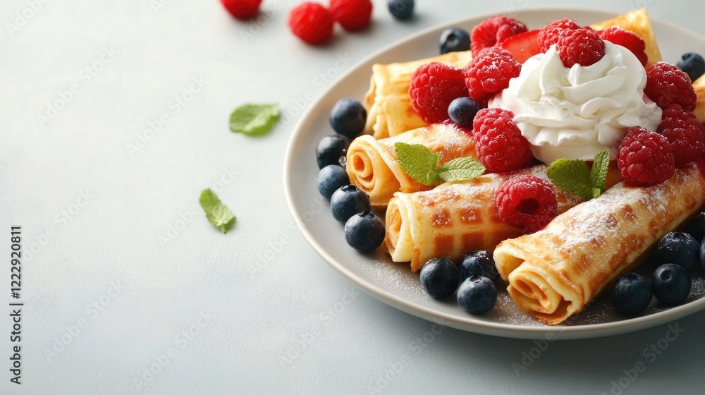 Aufkleber fresh berries and rolled waffles with whipped cream on a dessert plate with empty space for customiz
