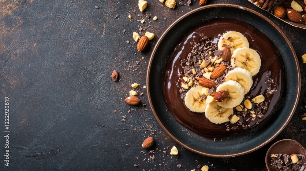 Aufkleber decadent dessert featuring sliced bananas drizzled in chocolate glaze topped with nuts on a dark rus