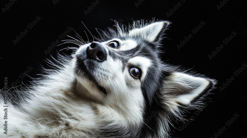 Poster playful alaskan malamute close up with fluffy fur against dark background showcasing empty space for