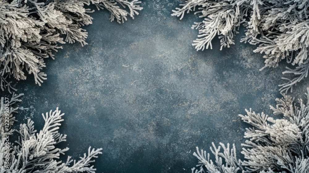 Poster Frosted tree branches with intricate ice crystals framing a textured background ideal for seasonal text or design elements