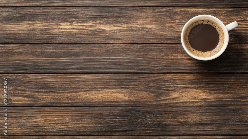 Aufkleber Close up of coffee mug on wooden table with empty notebook and copy space for text in a cozy workspace setting