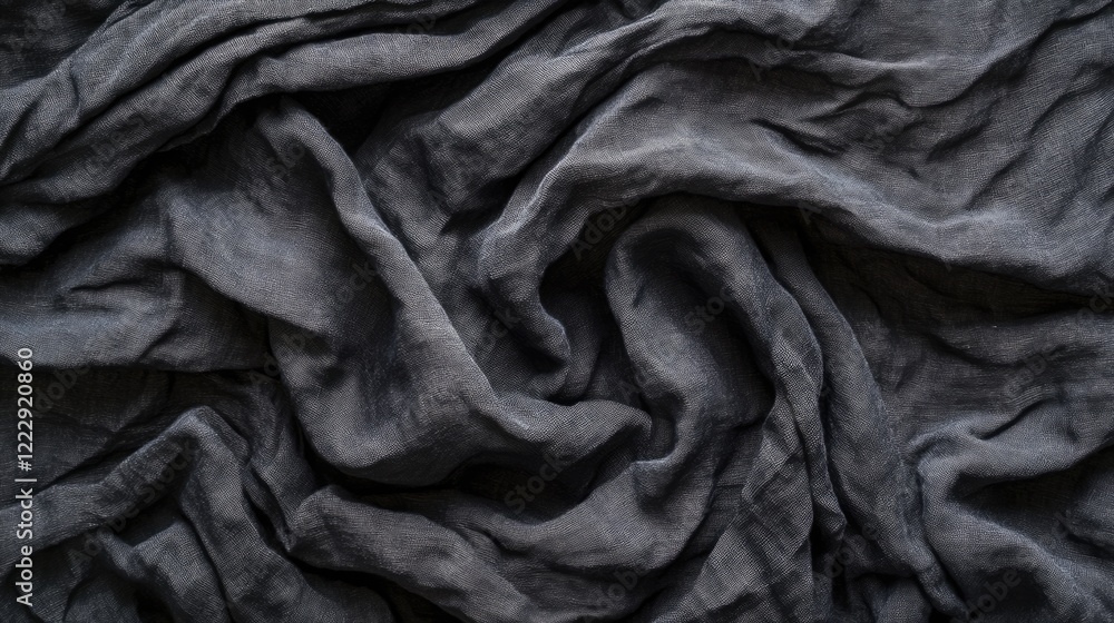 Poster Textured close up of crumpled black cotton fabric displaying intricate wrinkles with ample empty space suitable for design or text overlay