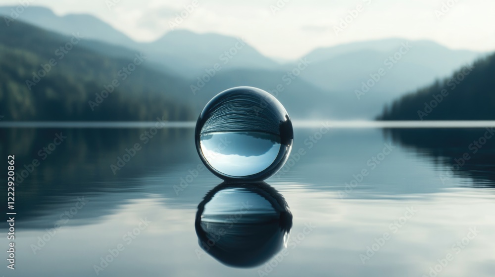 Poster Spherical glass orb reflecting serene lake landscape with mountains creating tranquil and minimalist atmosphere for visual storytelling.