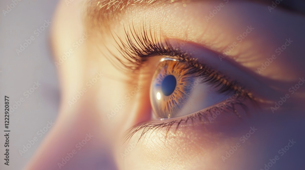 Poster Close up of a smooth eye with detailed lashes and vibrant iris against a soft background with ample space for text placement