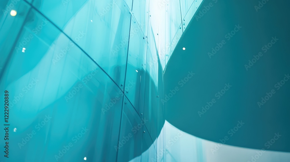 Aufkleber close up of modern glass architecture featuring bright turquoise hues and reflections ideal for show