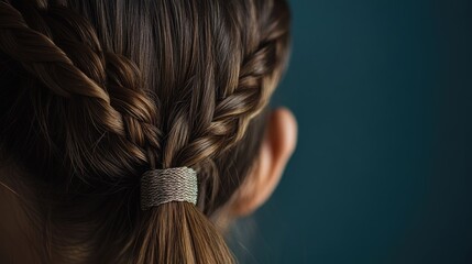 Chic braided hairstyle with headband on dark background featuring ample copy space for text and branding opportunities