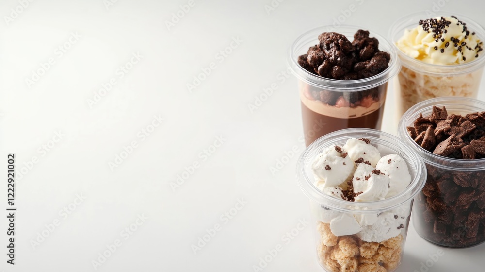 Poster dessert assortment showcasing three distinct flavors in clear containers with ample space for text o