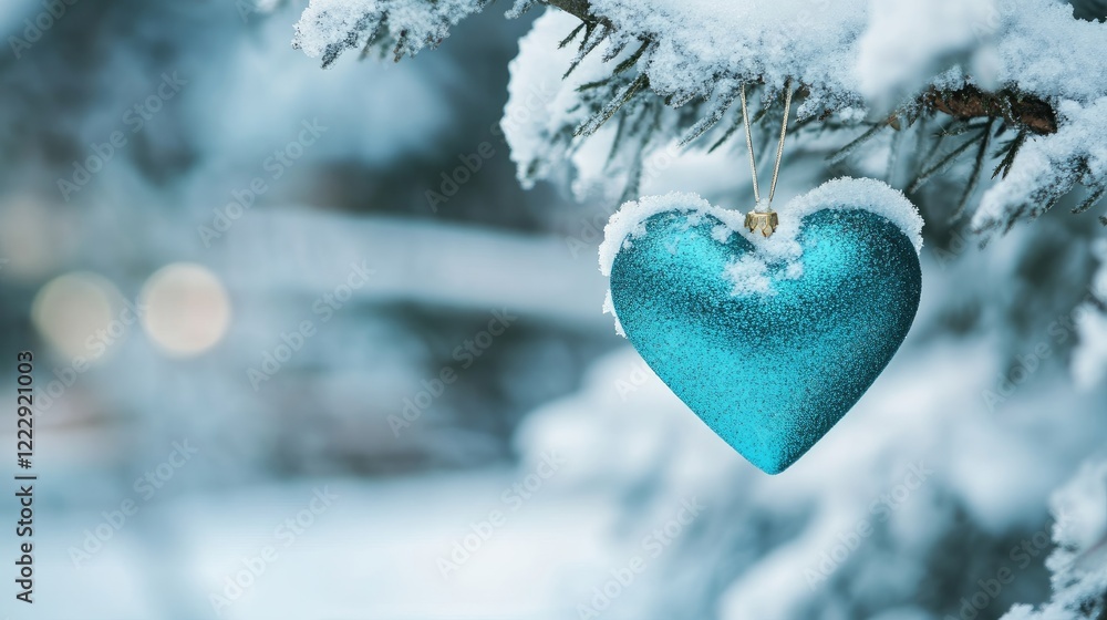 Poster turquoise heart-shaped ornament on a snowy tree branch with blurred background and ample copy space 