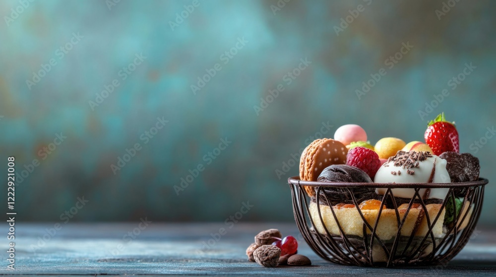 Poster colorful dessert basket filled with assorted sweets on rustic table with empty space for text and so