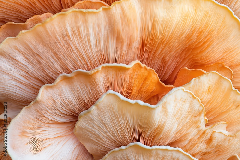 Poster close-up of vibrant orange and cream mushroom gills with intricate textures and patterns.