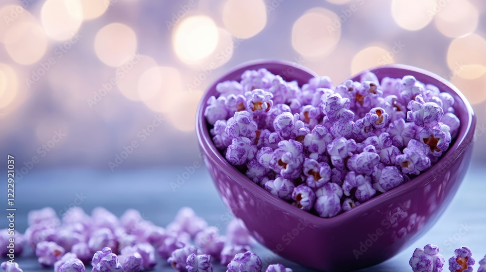 Poster heart shaped bowl filled with purple popcorn on a soft bokeh background perfect for festive celebrat