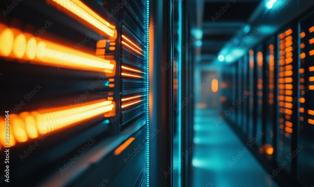 Poster modern data center featuring rows of server racks illuminated by vibrant blue and orange lights, cre