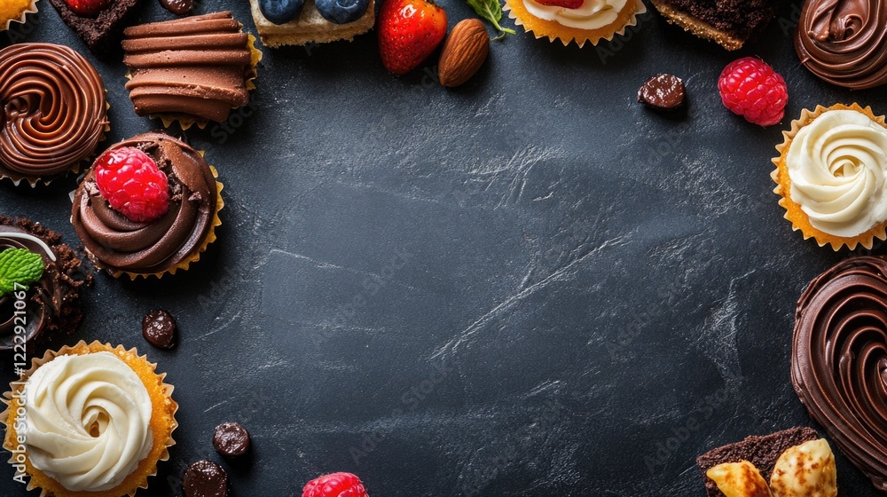 Poster dessert display with assorted cupcakes and candy arranged on a dark surface creating a perfect menu 