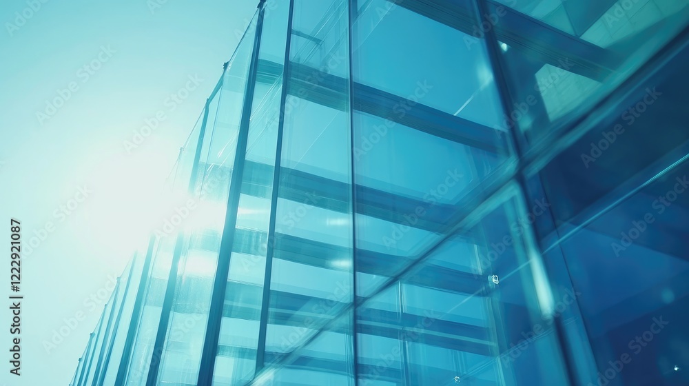 Poster close up of modern glass architecture showcasing a bright blue building with reflections and ample s