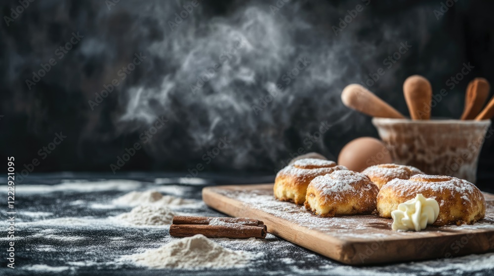 Poster Homemade cinnamon rolls dusted with powdered sugar on a dark background with flour and cooking utensils for an inviting culinary scene