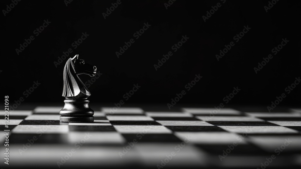 Poster Close up of a black chess knight piece on a checkered board with dark background and ample empty space for text or branding purposes